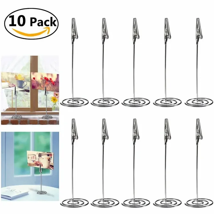 10 Porta Memo-Portafoto con Pinzette in Metallo, Segnaposto, Segnatavolo
