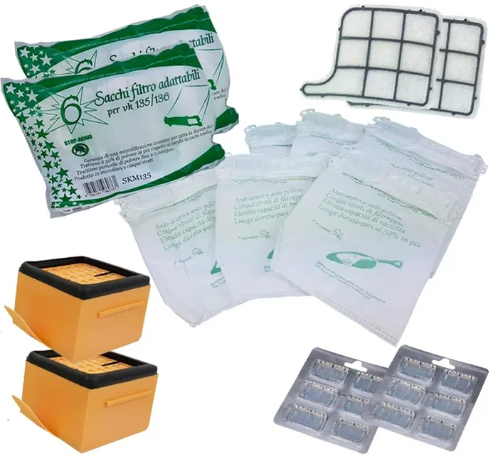 12 Sacchetti 12 profumini 2 filtri hepa 2 filtri motore compatibili aspirapolvere Vorwerk Folletto VK135 VK136 Super Scorta garantito S&G group