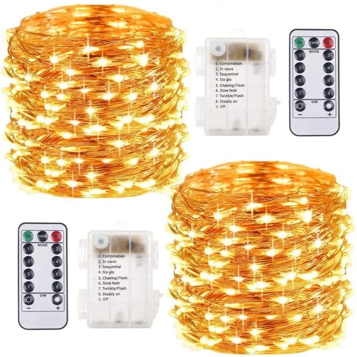 2 Pezzi Stringa Luci LED – 10M/33FT Catene Luminose 100LED Luci Natalizie Batteria Impermeabile IP65, Esterno/Interni Lucine Decorative per Balcone Giardino Feste Natale (Bianco Caldo)