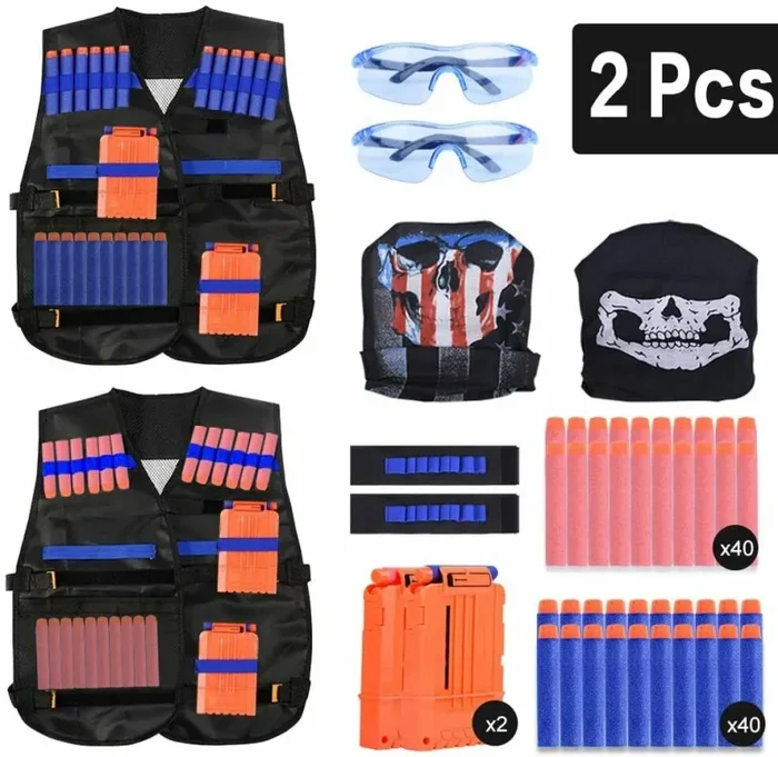 2 x Gilet tattico, Gioco con pistole compatibile per accessori Nerf + 80 dardi