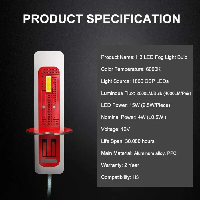 2 x Lampade Led per fari auto, Attacco H3 per fendinebbia, 6000K 2000LM 12 V - immagine 3