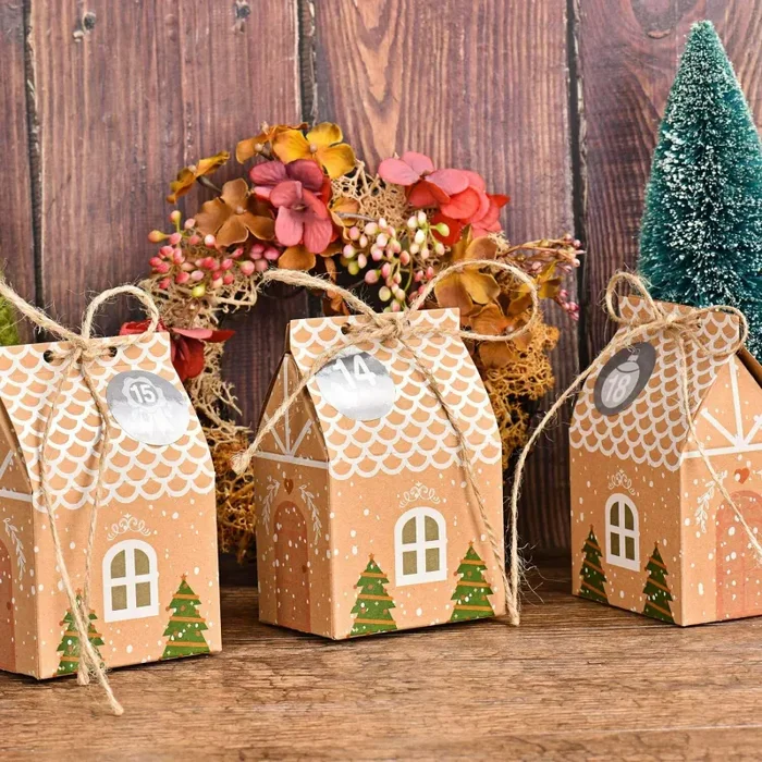 24 x Scatole a forma di casetta, Confezioni regalo per Natale + Adesivi numerati - immagine 2