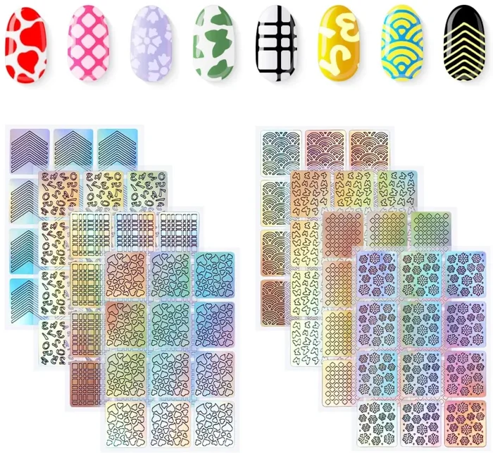 288 Pezzi Unghie Sticker Adesivi Vinile Stencil Nail Art Decorazione Set Nail Art Design Adesivi Punte Decalcomanie, 24 Fogli - immagine 2