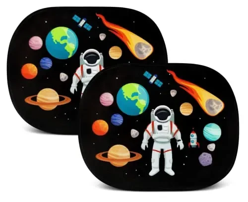 2x HECKBO Parasole Autoadesivo per Auto – Protezione dal Sole per Bambini – Astronauta – 44x36cm – Tendine Autoadesive per Finestrini e Lunotto con Custodia