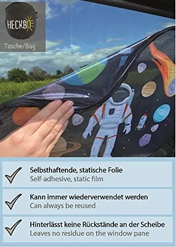2x HECKBO Parasole Autoadesivo per Auto – Protezione dal Sole per Bambini – Astronauta – 44x36cm – Tendine Autoadesive per Finestrini e Lunotto con Custodia - immagine 2