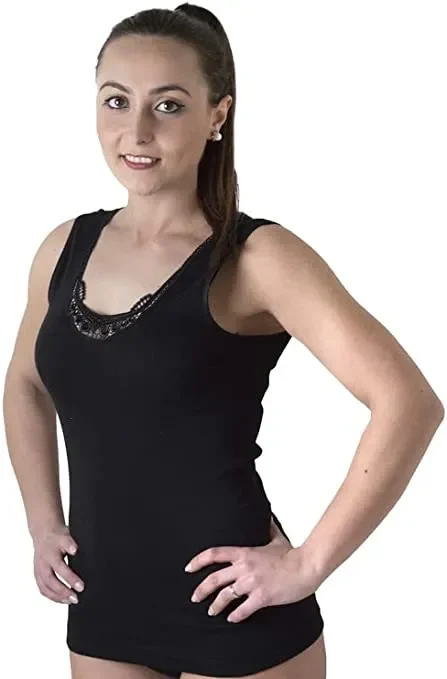 3 Canotte intime donna spalla larga in caldo cotone con pizzo macrame’ New Day colore e misura a scelta