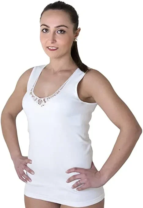 3 Canotte intime donna spalla larga in caldo cotone con pizzo macrame’ New Day colore e misura a scelta - immagine 2