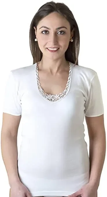 3 T-shirt mezza manica intime donna caldo cotone con pizzo macrame’ New Day art M/M MACRAME’ colore e misura a selta