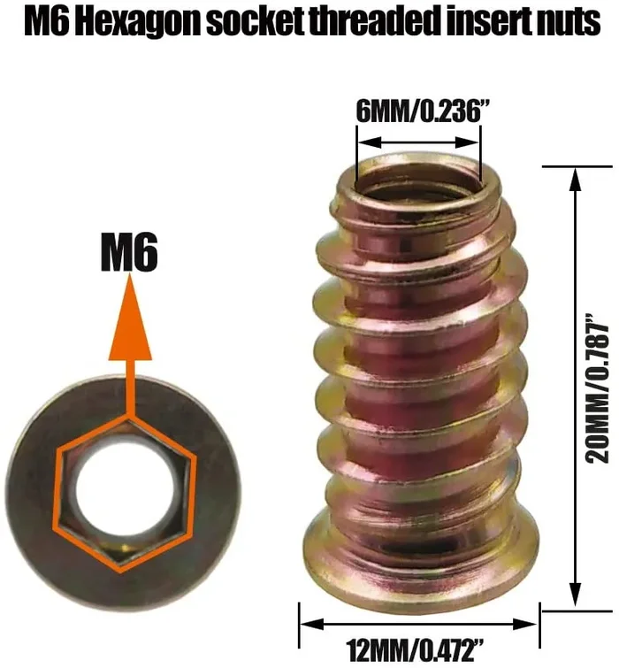 30 Pezzi Dadi Inserti in Acciaio al Carbonio Zincato M6x20mm Dado Esagonale Filettatura Completa per Mobili in Legno - immagine 3