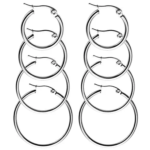 4 Paia Orecchini in Acciaio Inox a Cerchio Argento Oro