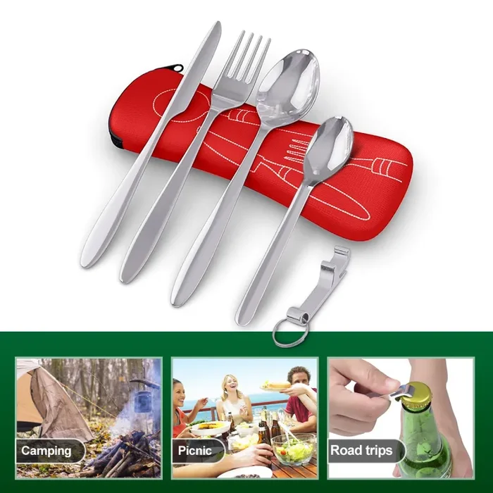 5 Premium Acciaio Inossidabile Set Posate da Campeggio – Cucchiaio Rosso - immagine 3