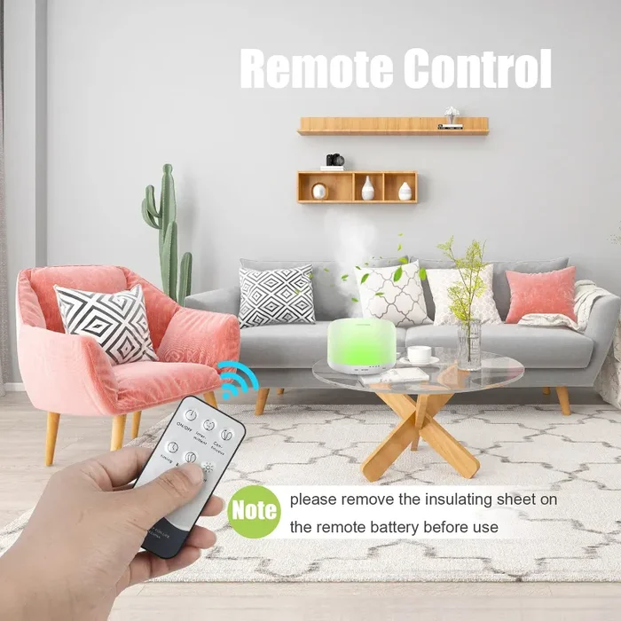 500ml Diffusore di Oli Essenziali, Senza BPA Umidificatore ad Ultrasuoni con Telecomando e 7 Diverse Luci Mutevoli -Spegnimento Automatico Senza Acqua - immagine 2