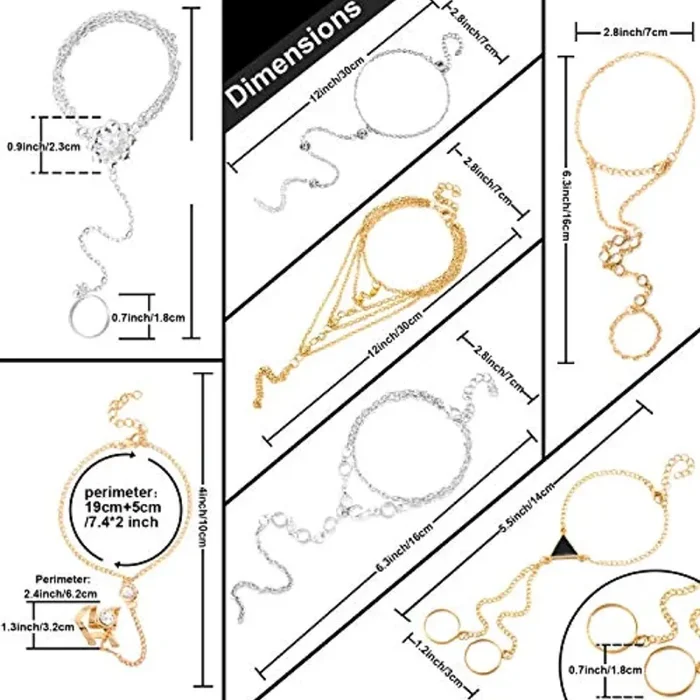 6 Braccialetto con Anello a Catena Braccialetto a Dita Collegato Braccialetto e Anello da Dito Braccialetto a Mano Attaccato Bracciale Regolabile con Anello Catena Schiava per Donna Ragazza - immagine 2