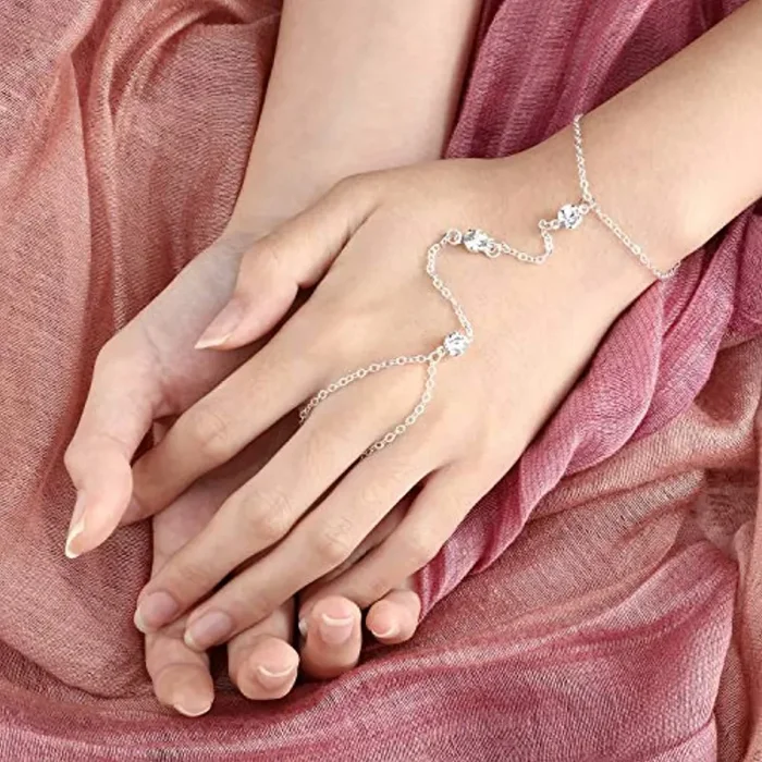 6 Braccialetto con Anello a Catena Braccialetto a Dita Collegato Braccialetto e Anello da Dito Braccialetto a Mano Attaccato Bracciale Regolabile con Anello Catena Schiava per Donna Ragazza - immagine 3