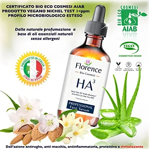 60ml. Bio Siero con Acido Ialuronico Puro a 3 pesi Molecolari+Vitamina C -Noti Agenti Antirughe/Antietà. Biologico/Vegano. Siero Viso e Contorno Occhi Idratante/Illuminante. Dermatologicamente Testato - immagine 3