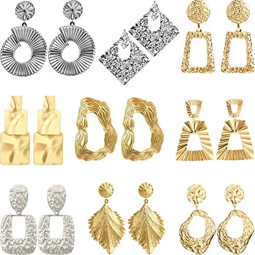 9 Paia Metallico Geometrico Orecchini a Bottone Sollevato Design… In saldo