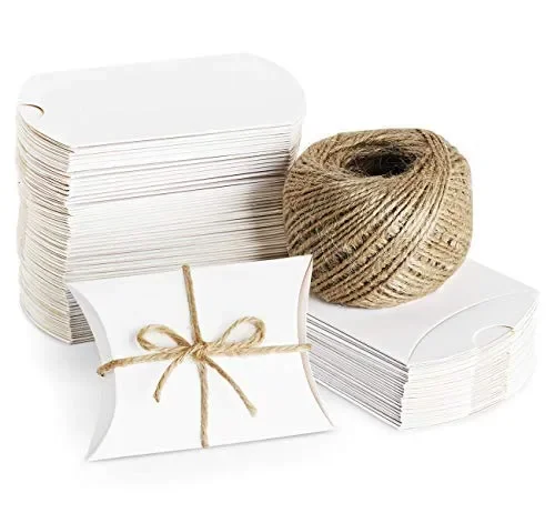 Absofine 100pcs Pillow scatole regalo bianco con 60 m di iuta Candy Bianco