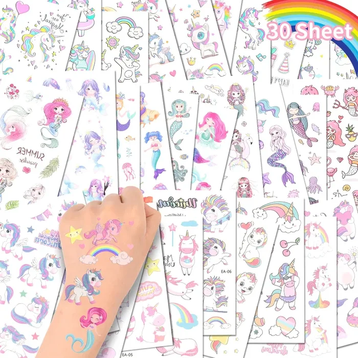 ACWOO Tatuaggi Temporanei per Bambini, Tatuaggi Finti per Ragazze Ragazzi, 20 Fogli Unicorno e 10 Fogli Sirena Tatuaggi Temporanei Set, Giocattoli Gadget per Ragazza Bambini Adulti Festa Compleann