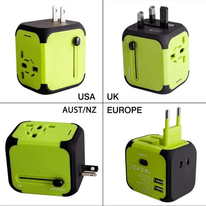 Adattatore da Viaggio con 2 USB 3.0 (US/EU/UK/AU) Universale Verde - immagine 2