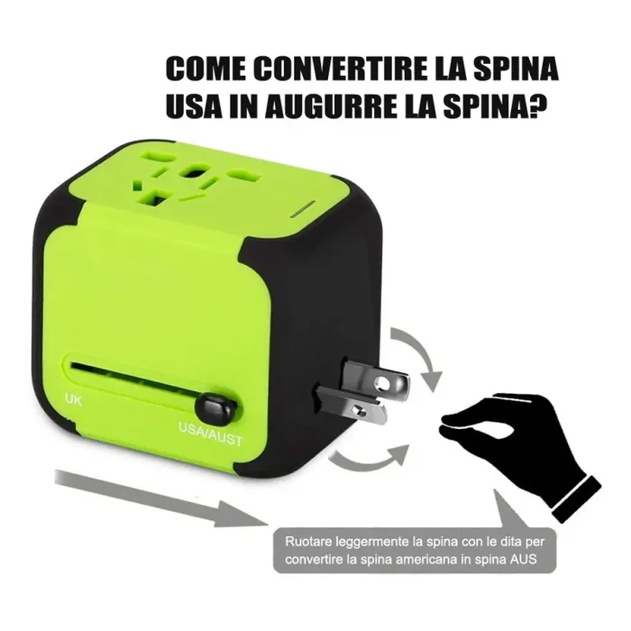Adattatore da Viaggio con 2 USB 3.0 (US/EU/UK/AU) Universale Verde - immagine 3