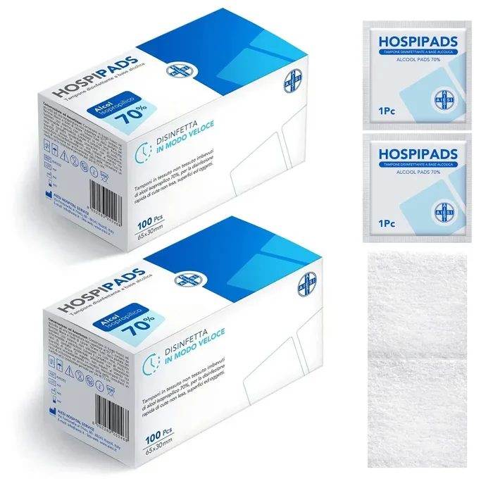 AIESI® Tamponi salviette disinfettanti a base di alcool isopropilico 70% dimensioni 65×30 mm confezionati singolarmente HOSPIPADS (Confezione da 200 pezzi)