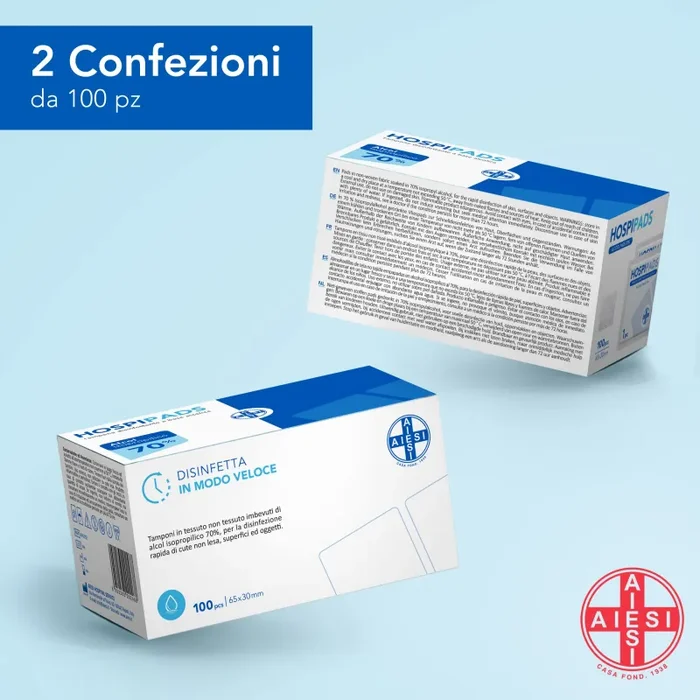AIESI® Tamponi salviette disinfettanti a base di alcool isopropilico 70% dimensioni 65×30 mm confezionati singolarmente HOSPIPADS (Confezione da 200 pezzi) - immagine 2