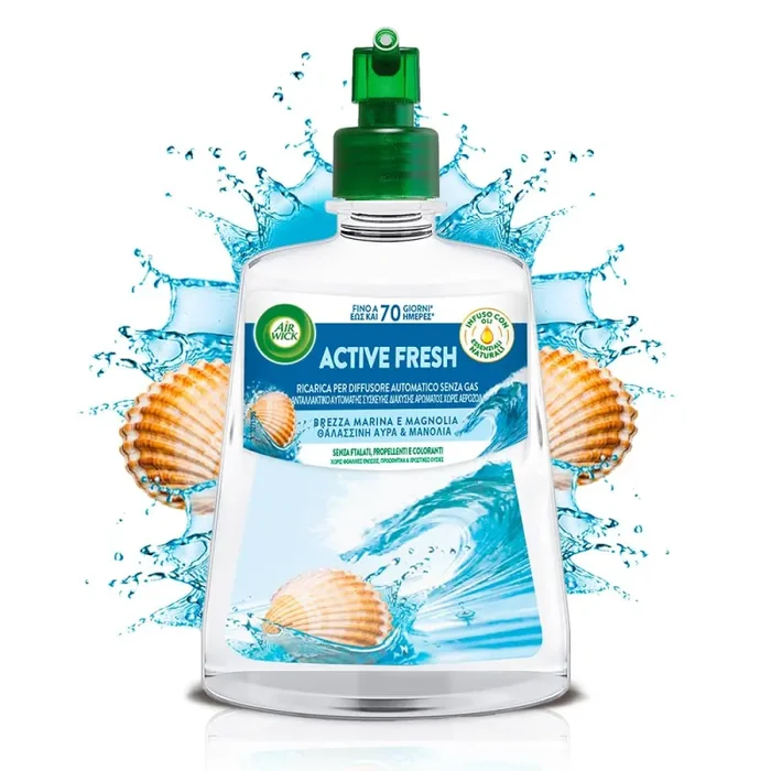 Air Wick Active Fresh Deodorante per Ambienti, Ricarica per Diffusore Spray Automatico senza Gas alla fragranza Brezza Marina e Magnolia, 228 ml (Confezione da 1)