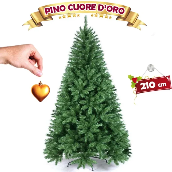 Albero Di Natale 210 Cm Pino Cuore D’oro Verde Folto 975 Rami Base A Croce