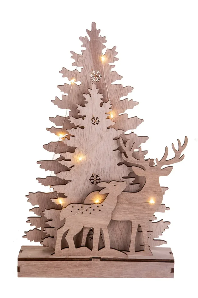 Albero di Natale Abeti con Renne e 15 Luci Led H51 cm in Legno