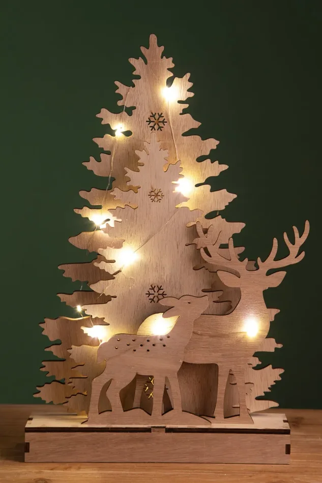 Albero di Natale Abeti con Renne e 15 Luci Led H51 cm in Legno - immagine 3