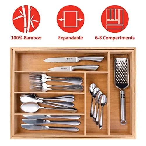 ALPINA Portaposate estensibile – 46 x 34-56,5 x 6 cm – da 6 a 8 scomparti – Materiale ecologico in bambù - immagine 2