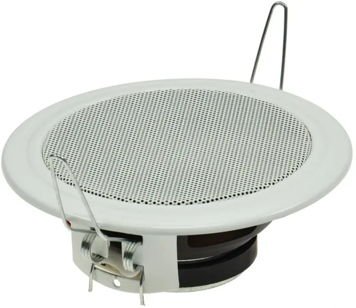 Altoparlante da incasso a soffitto e parete, diametro 106 mm, 45 Watt, griglia di protezione in metallo, morsetti di fissaggio, 8 Ohm, montaggio semplice a molla, colore: bianco