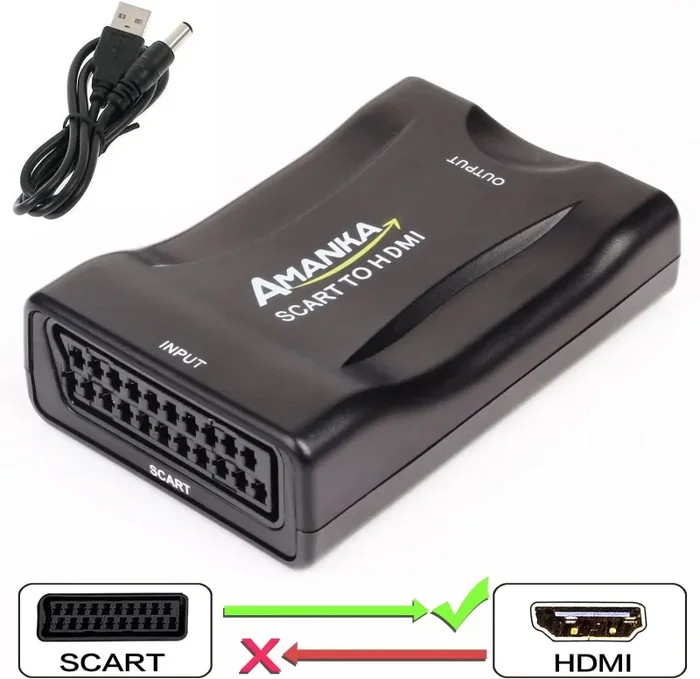 AMANKA Convertitore da SCART a HDMI Adattatore Audio Stereo HD Video Composito per SKY HD Blu Ray DVD TV PS3 con USB Cavo, Nero