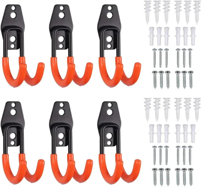 AMTOVL 6PZ Doppio Gancio in Acciaio per Garage Ganci da Parete Appendi Bici Scale Flessibili 15-40KG Set 6 Ganci Multiuso da Muro Rastrelliere per Giardino Capannone con Tasselli – Arancione