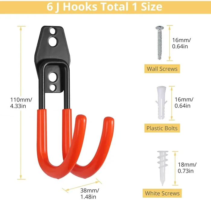 AMTOVL 6PZ Doppio Gancio in Acciaio per Garage Ganci da Parete Appendi Bici Scale Flessibili 15-40KG Set 6 Ganci Multiuso da Muro Rastrelliere per Giardino Capannone con Tasselli – Arancione - immagine 3