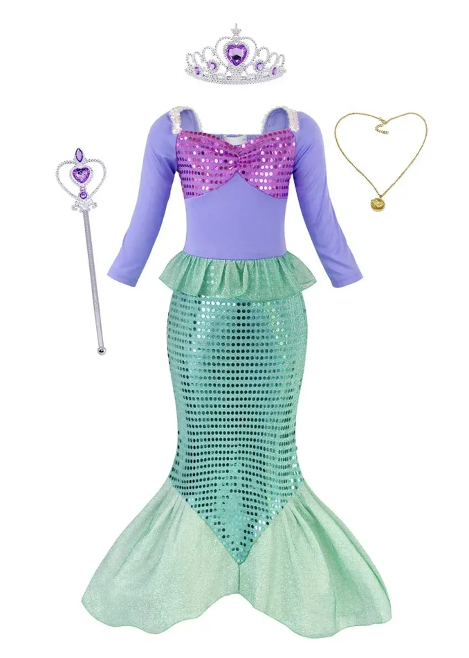 AmzBarley Il Costume della Sirenetta Ariel 7-8 anni, Verde Con Accessori