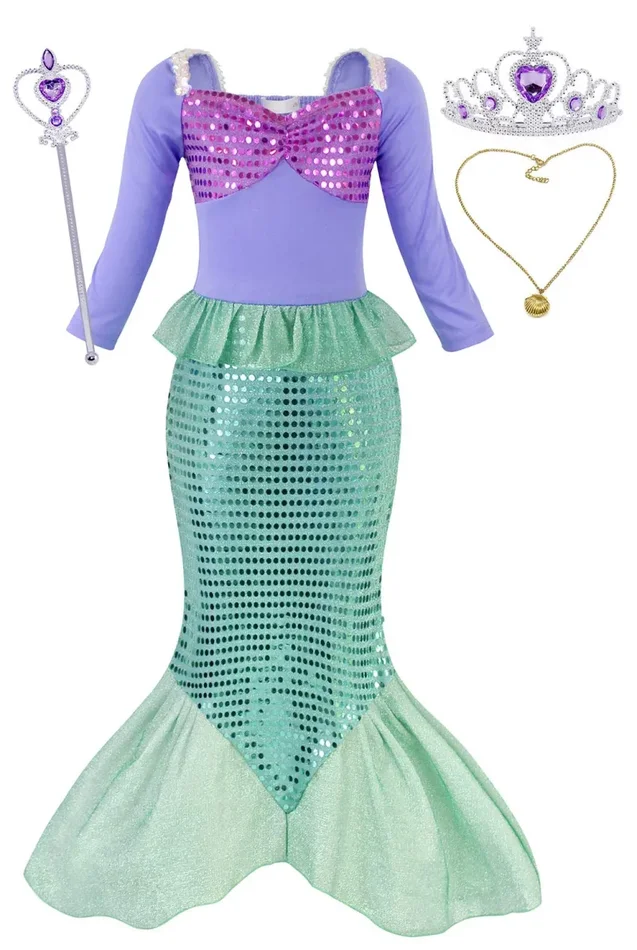 AmzBarley Il Costume della Sirenetta Ariel 7-8 anni, Verde Con Accessori - immagine 2