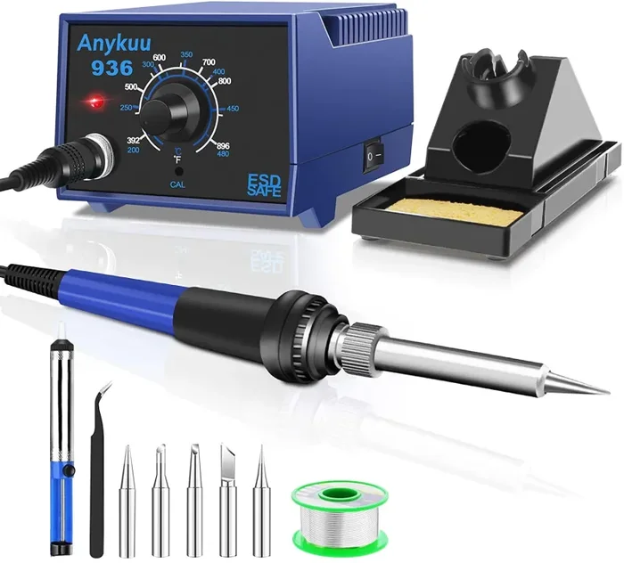 Anykuu Stazione di Saldatura Stazione Saldante 60W Regolazione di Temperatura 200°C-480°C Spugna Pulire 5 Punte Sostituibili Pinzette Antistatiche