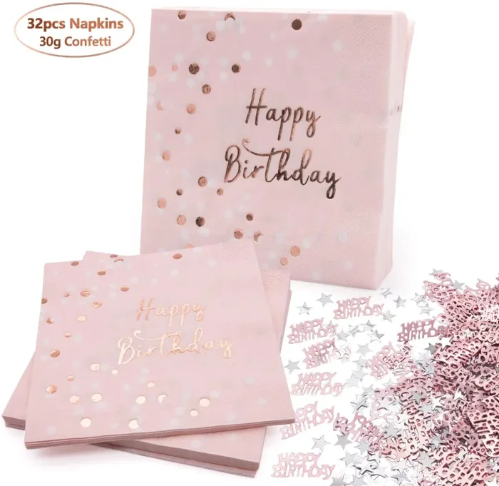 APERIL 32 Pezzi Tovaglioli Compleanno Oro Rosa, Tovaglioli di Carta per Decorazioni per Feste, 30g Happy Birthday coriandoli in Oro Rosa con Stelle Argento