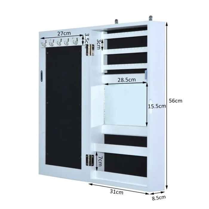 Armadio Portagioie con Specchiera da Parete in Legno Bianco 31x56x8.5 cm - immagine 3