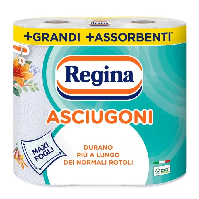 Asciugoni Regina Carta Cucina | Confezione da 2 Rotoli a 2 veli | 85 strappi per rotolo* | Maxi Fogli più Grandi e più Assorbenti | Carta 100% certificata FSC®