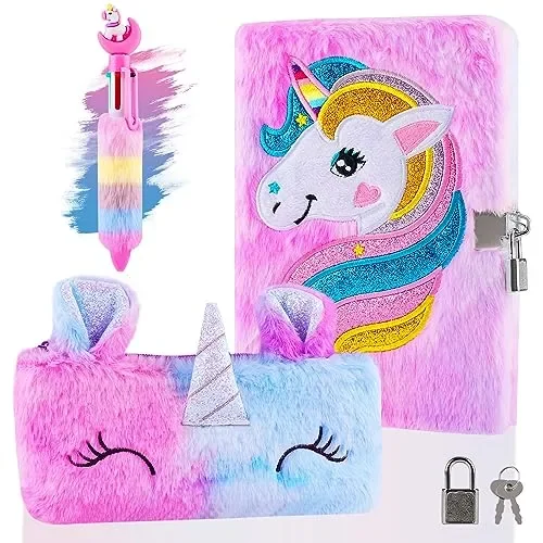 Beihre Diario Segreto Bambina con Lucchetto, Unicorno Diario Peluche con Sacchetto Della Penna e Penna Multicolore, Cancelleria Bambina Regalo di Natale