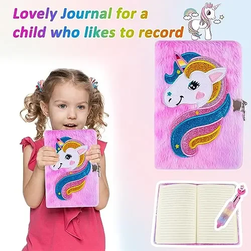 Beihre Diario Segreto Bambina con Lucchetto, Unicorno Diario Peluche con Sacchetto Della Penna e Penna Multicolore, Cancelleria Bambina Regalo di Natale - immagine 3