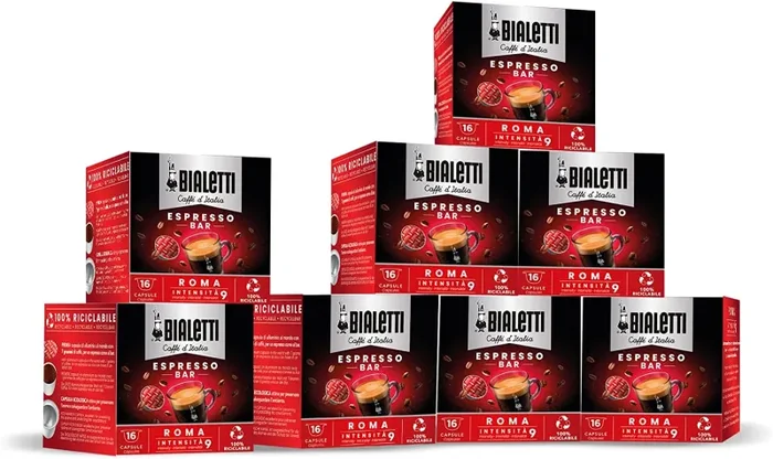 Bialetti Caffè d’Italia, Multipack 128 Capsule, 8 Box da 16 Capsule, Roma, Intensità 9, Compatibili con Macchine Bialetti sistema chiuso, 100% Alluminio