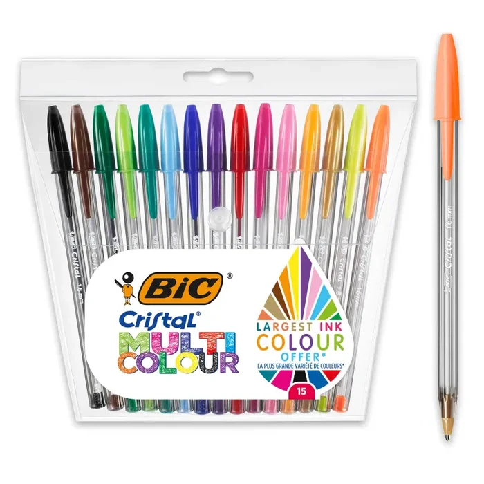 BIC Cristal Multicolour, Penne a Sfera Colorate, Punta Larga 1.6mm, Set Scrittura 15 Unità, Cancelleria Scuola e Ufficio
