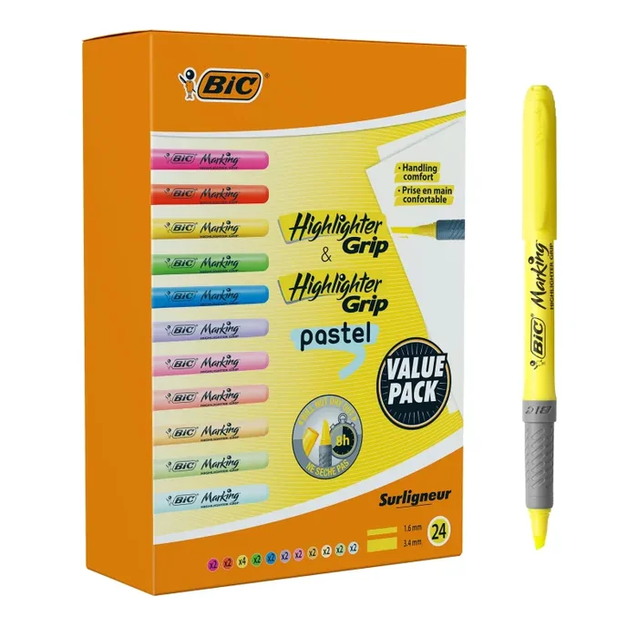 BIC Evidenziatori Highlighter Grip, perfetti per l’aula o l’ufficio, colori assortiti, confezione da 24