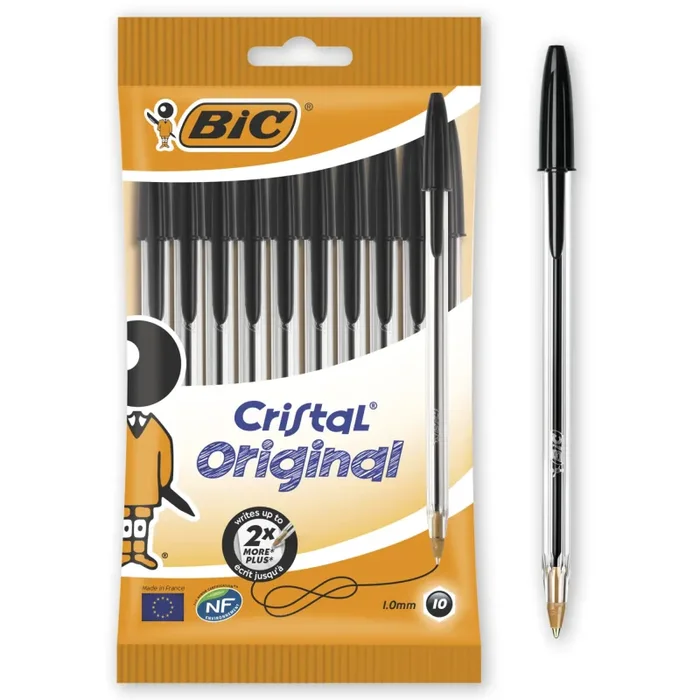 BIC Penne Nere a Sfera, Cristal Original, Punta Media, 1 mm, Confezione 10 Penne, Fornitura per Cancelleria Scuola e Ufficio