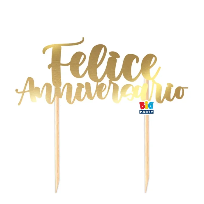 Big Party Cake Topper Italic Felice Anniversario Carta Oro