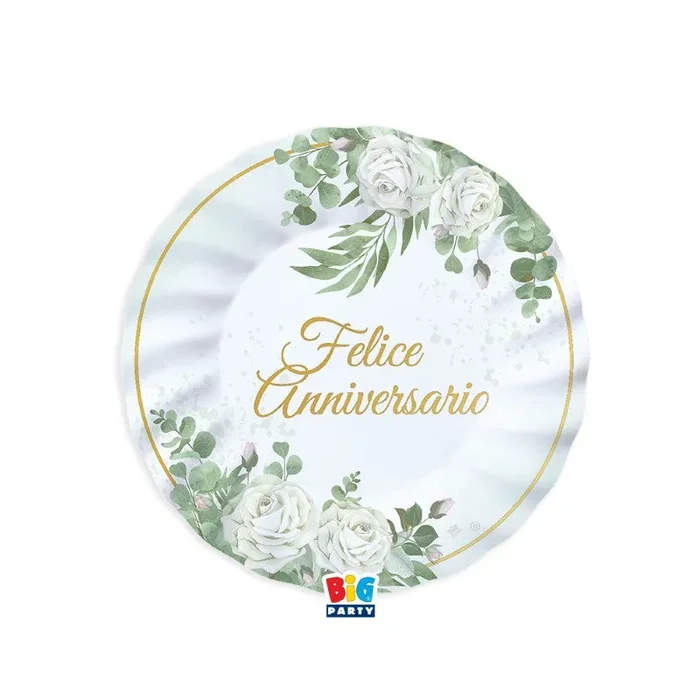 Big Party Piatti Carta Felice Anniversario Eucalipto D 20 Cm Bianco Verde