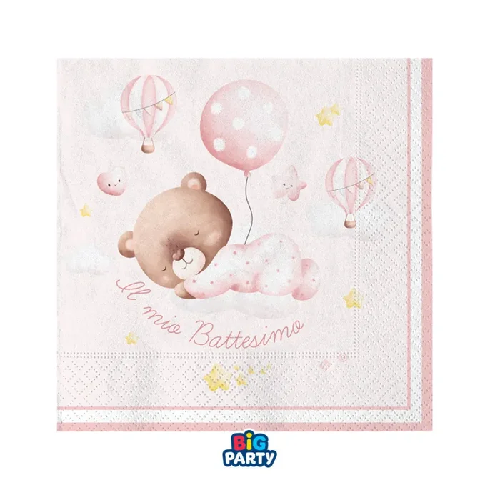 Big Party Tovaglioli Carta Battesimo Bear 25 x 25 Cm Cf 16 Pz Rosa